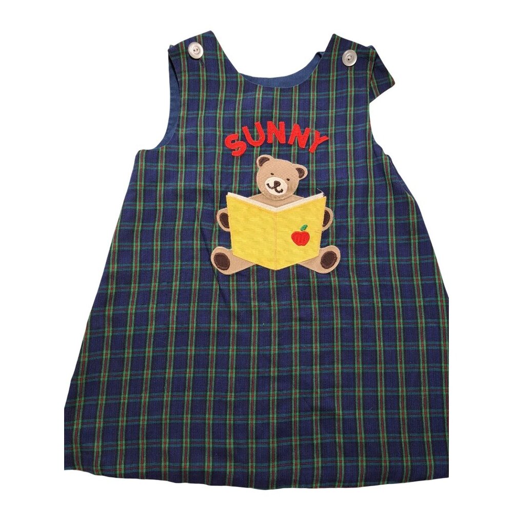 Vtg Kellys Kids Plaid Jumper Dress With Bear Applique & Sunny Embroidery Size 5